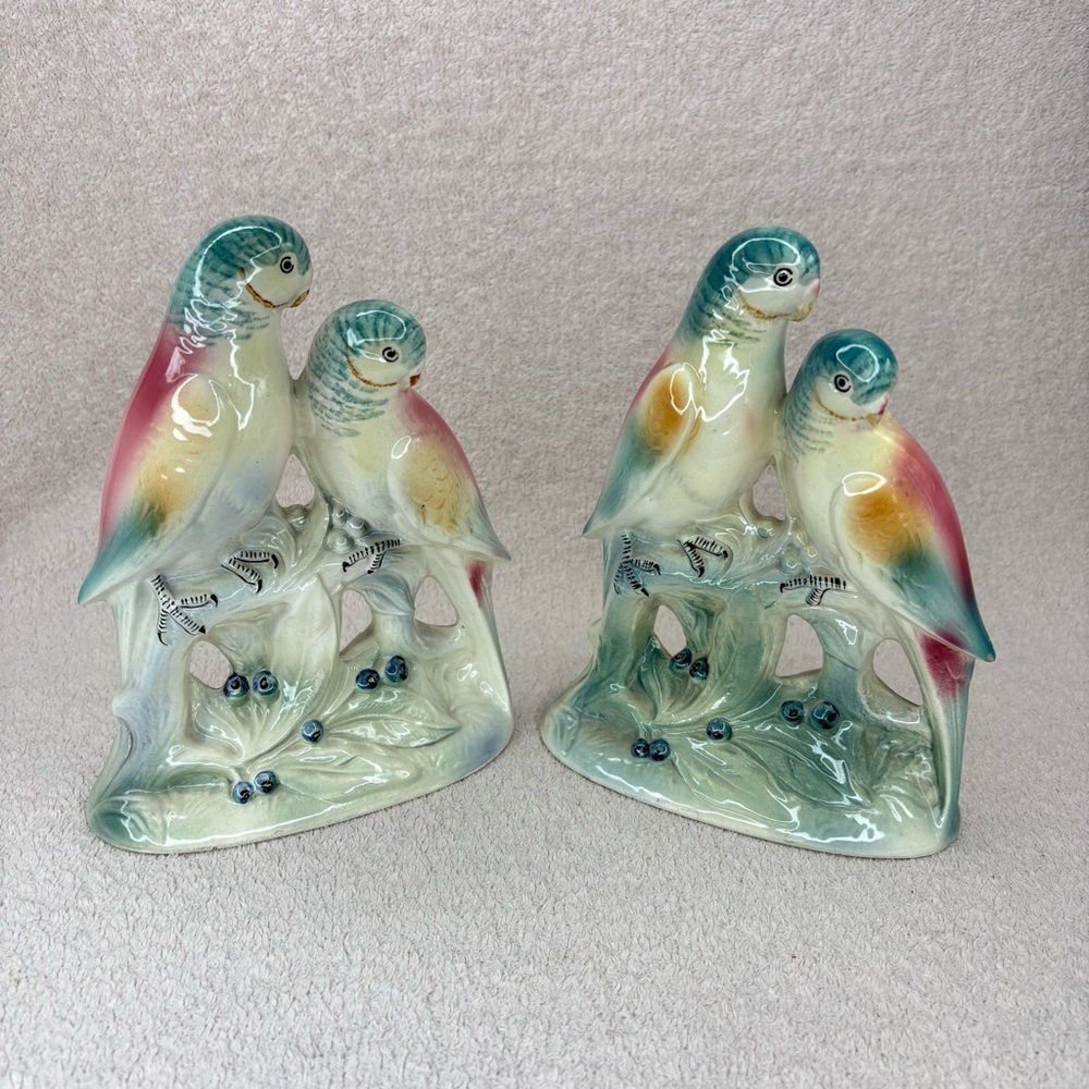 Vintage Spaulding China Co Parakeet Bird Figurine Set 1950s Lovebirds VTG Retro - Picture 1 of 14